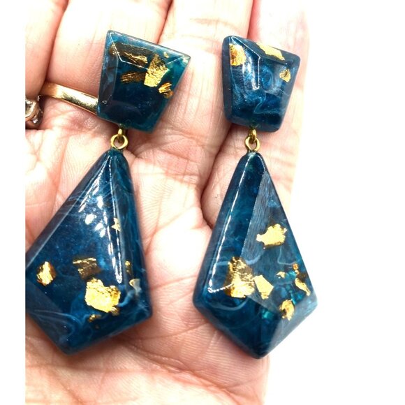 Zsiska Blue Resin Dangle Earrings Gold Leaf Marbled Modernist Statement Signed - Picture 6 of 6
